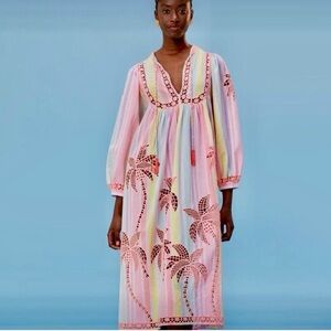 NEW FARM Rio Embroidered Coconut Richillieu Cover-Up Dress Tassel Stripes Size M